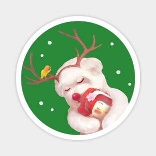 Little Girl Hugging Dog in Reindeer Antlers Magnet